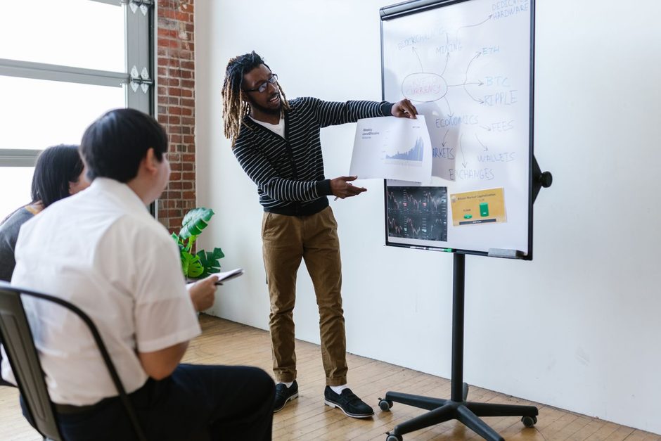 Presenter explaining a campaign plan on a whiteboard to a team in an office. Photo by RDNE Stock project on Pexels