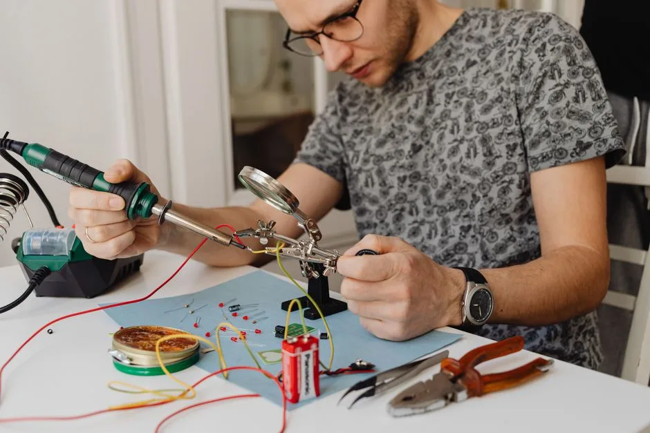 Adult technician soldering electronics with precision tools and equipment indoors.