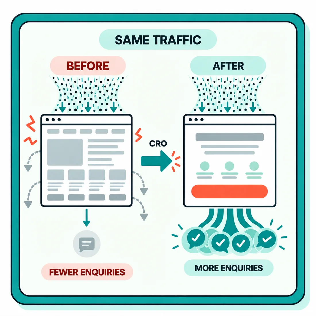 Same traffic before and after CRO: a cluttered page with fewer enquiries versus a focused page with more enquiries