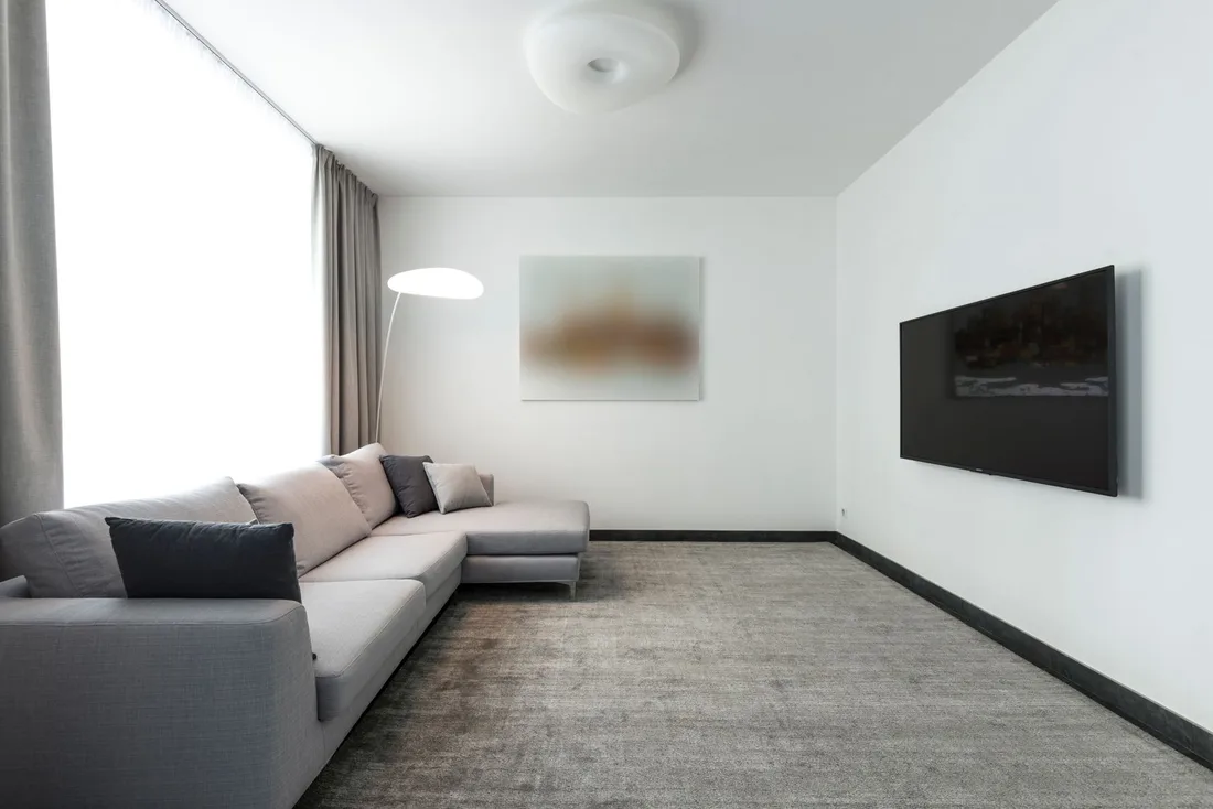 Clean grey carpet in a bright modern living room with sofa and wall TV. Photo by Max Vakhtbovych on Pexels