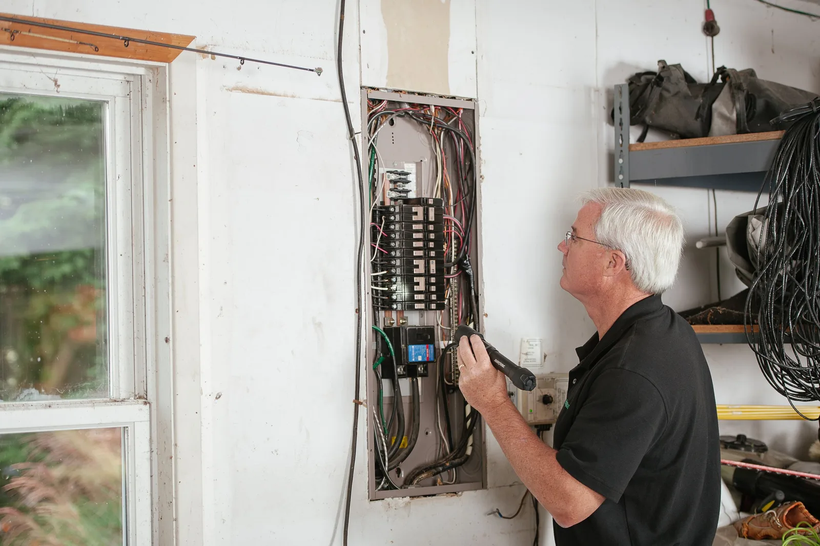 An electrician carefully examines a residential fuse box indoors, ensuring electrical safety and compliance. Photo by Kathleen Austin Kuhn on Pexels