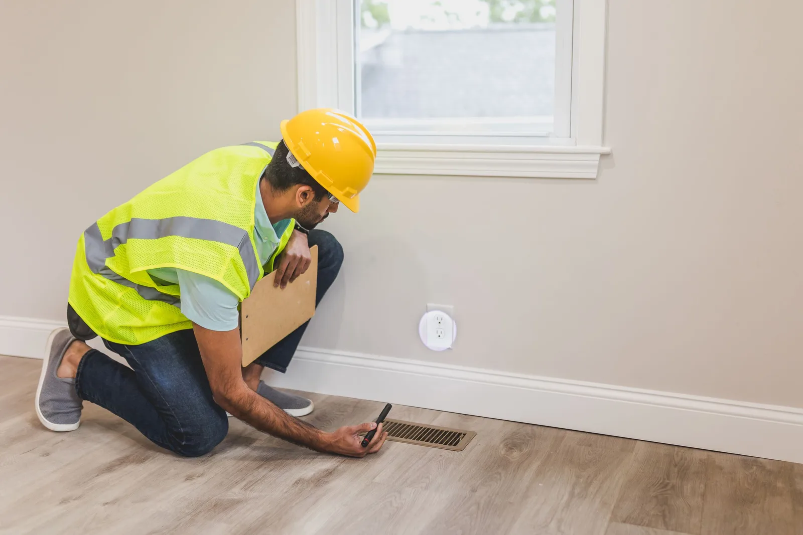 A construction worker in a hard hat inspects a floor vent indoors, ensuring quality and safety standards. Photo by RDNE Stock project on Pexels