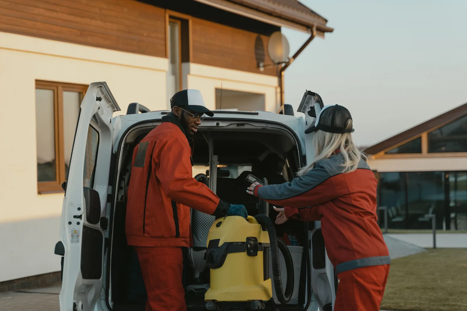 Two cleaners in red uniforms load a vacuum into a white van outdoors. Photo by Tima Miroshnichenko on Pexels