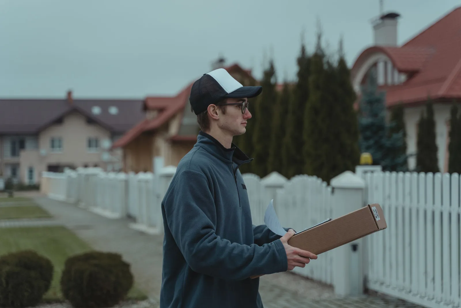 Young courier delivering a package in a suburban neighborhood, wearing a cap and holding a clipboard. Photo by Tima Miroshnichenko on Pexels
