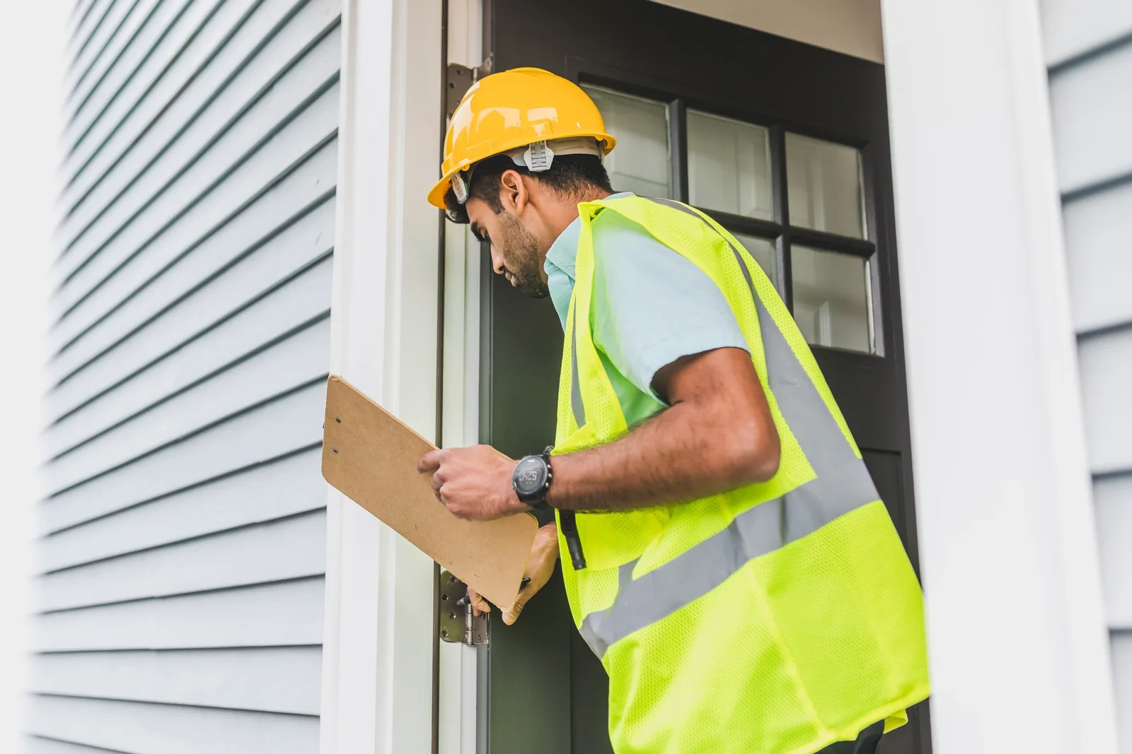A male inspector in a hard hat conducts a property inspection outdoors with a clipboard. Photo by RDNE Stock project on Pexels