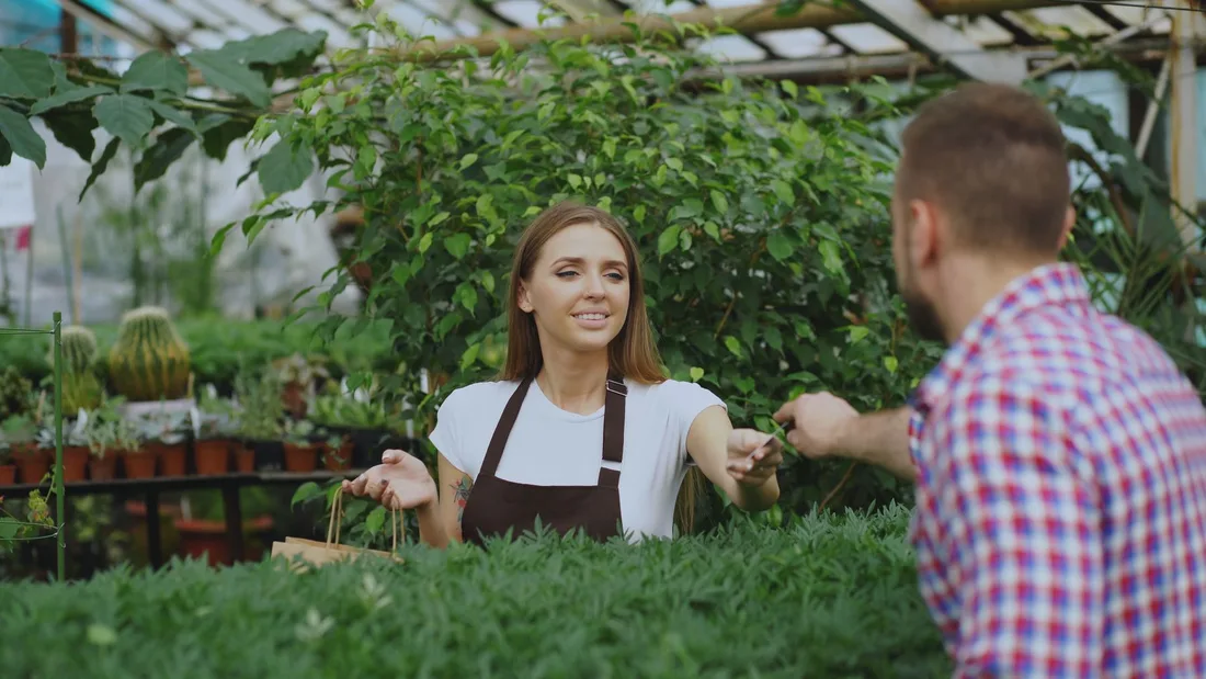 A woman assists a customer in a lush greenhouse nursery. Photo by Vitaly Gariev on Pexels