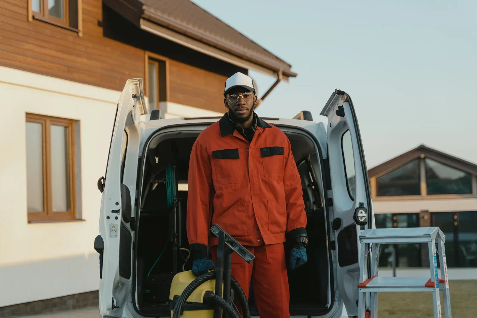 Man in workwear with cleaning equipment next to van outside a building. Photo by Tima Miroshnichenko on Pexels