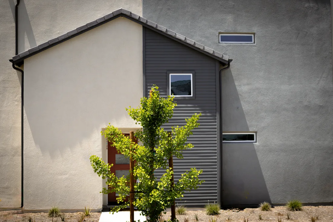 Modern house with smooth grey rendered facade and a small tree out front. Photo by David Brown on Pexels