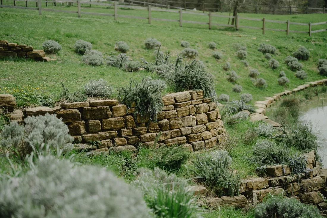 Sloped garden hillside with a terraced dry stone retaining wall and green grass. Photo by Anastasia  Shuraeva on Pexels