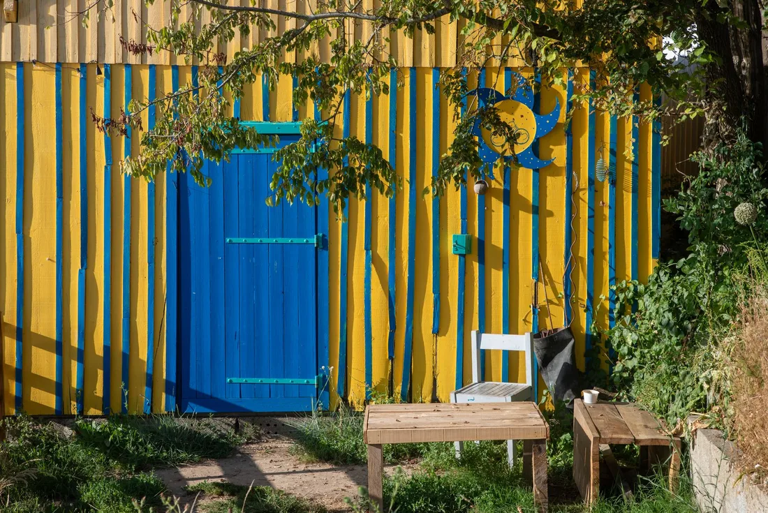 Bright striped shed with blue door and rustic setting outdoors with seating area. Photo by Jan van der Wolf on Pexels