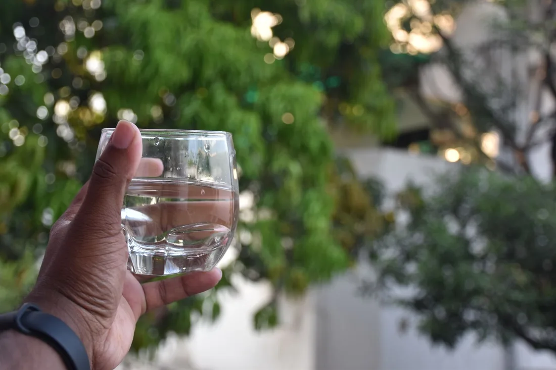 Hand holding a glass of clean drinking water in front of green plants. Photo by SD on Pexels