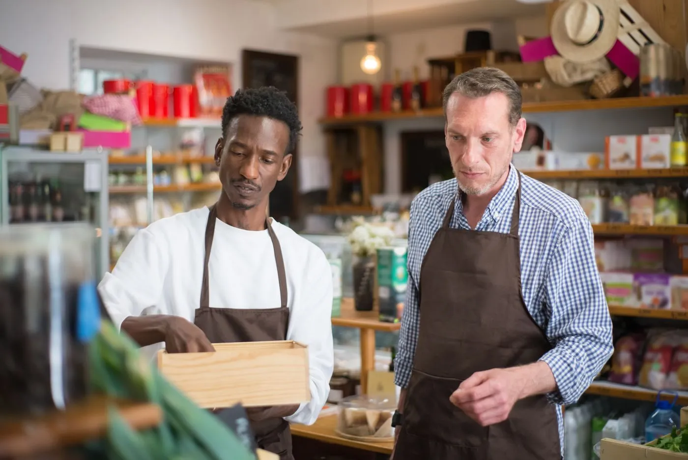 Two local shop owners in aprons holding boxes. Photo by Kampus Production on Pexels