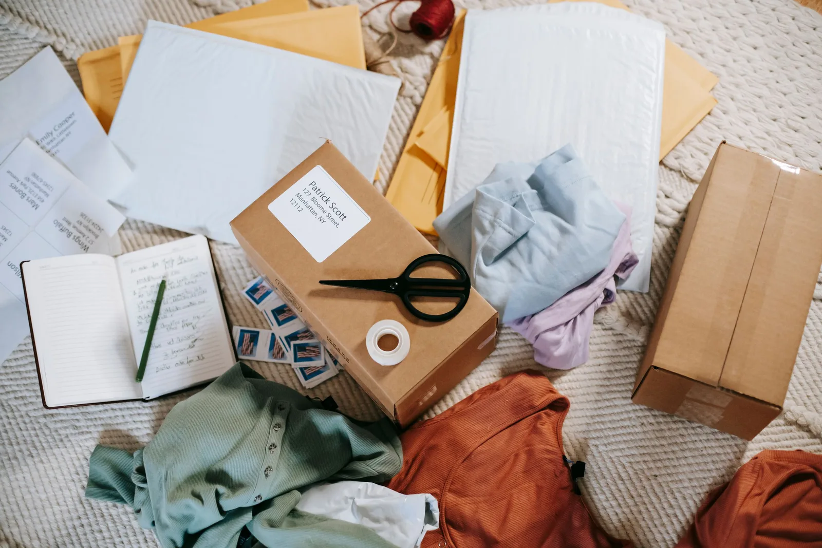 Woman packing clothes into padded mailers and a cardboard box on a bed. Photo by Liza Summer on Pexels