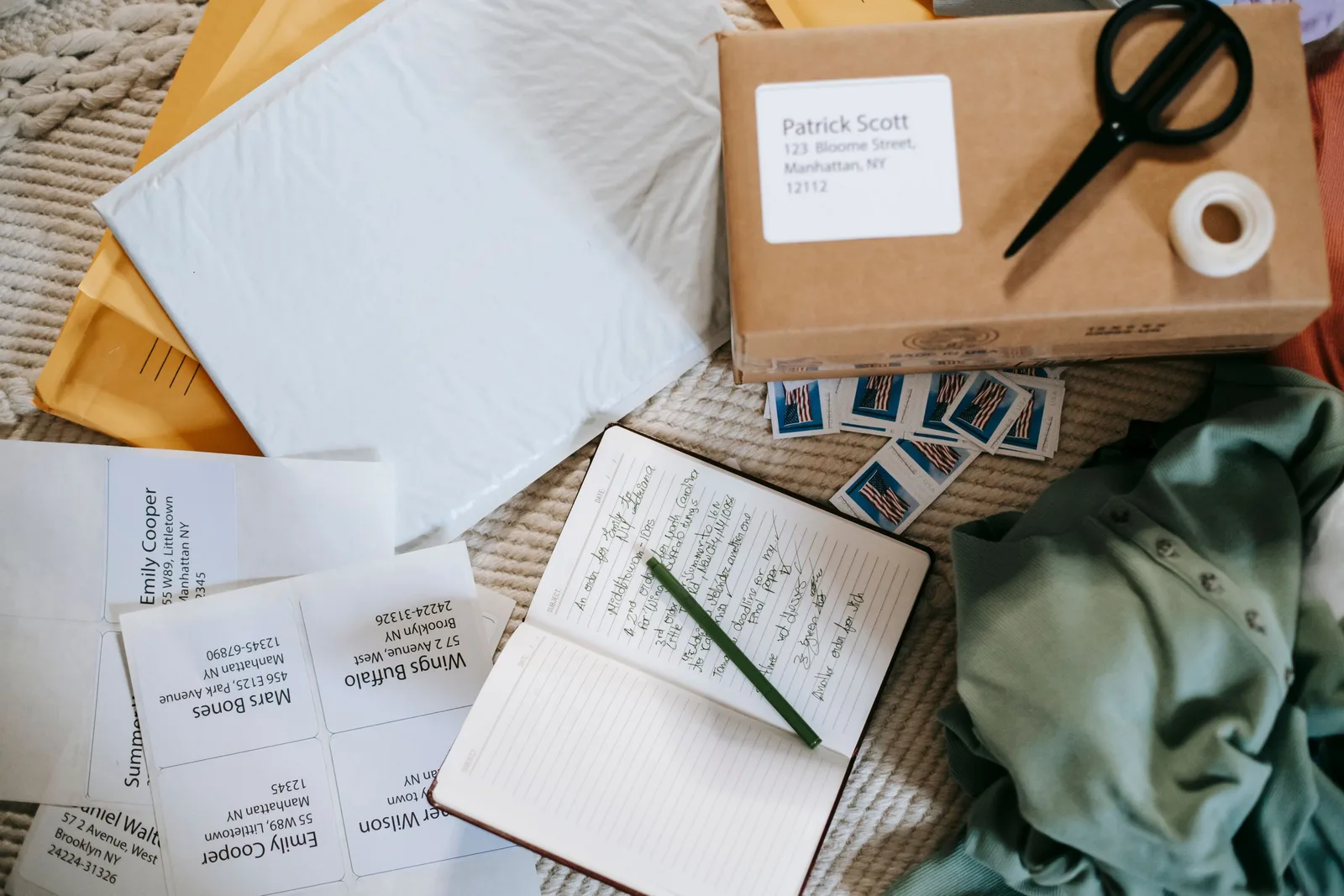 Top view arrangement of opened notebook placed near carton parcel near postage stamps envelops and address labels. Photo by Liza Summer on Pexels