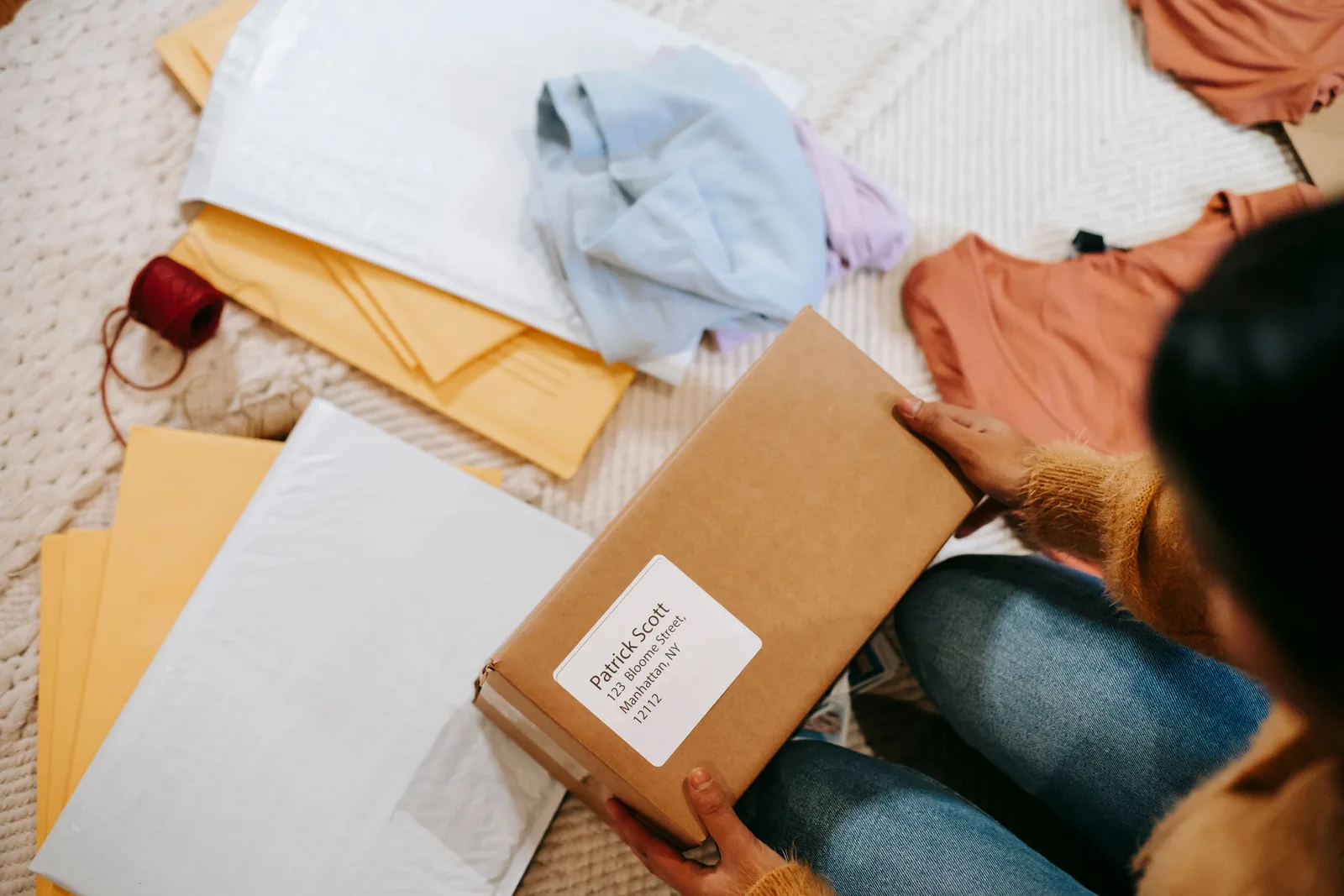 Top view of crop anonymous female with carton box of parcel checking address among envelopes. Photo by Liza Summer on Pexels