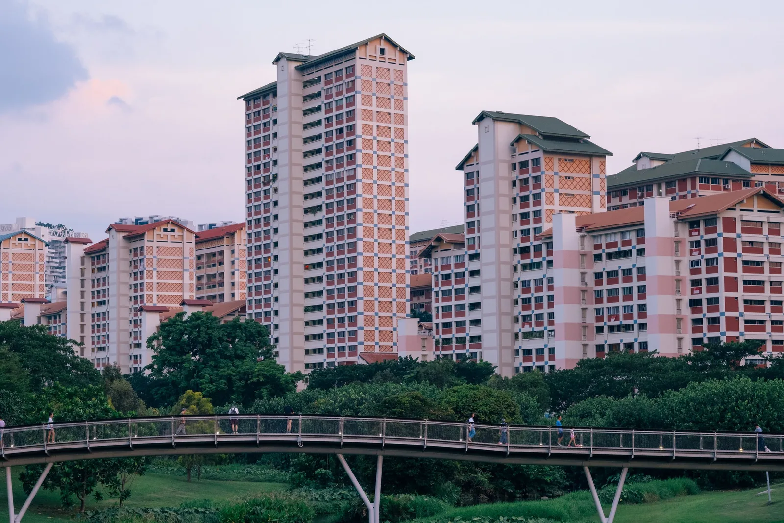 Pink high-rise public housing blocks beside a pedestrian bridge and trees. Photo by Soloman Soh on Pexels