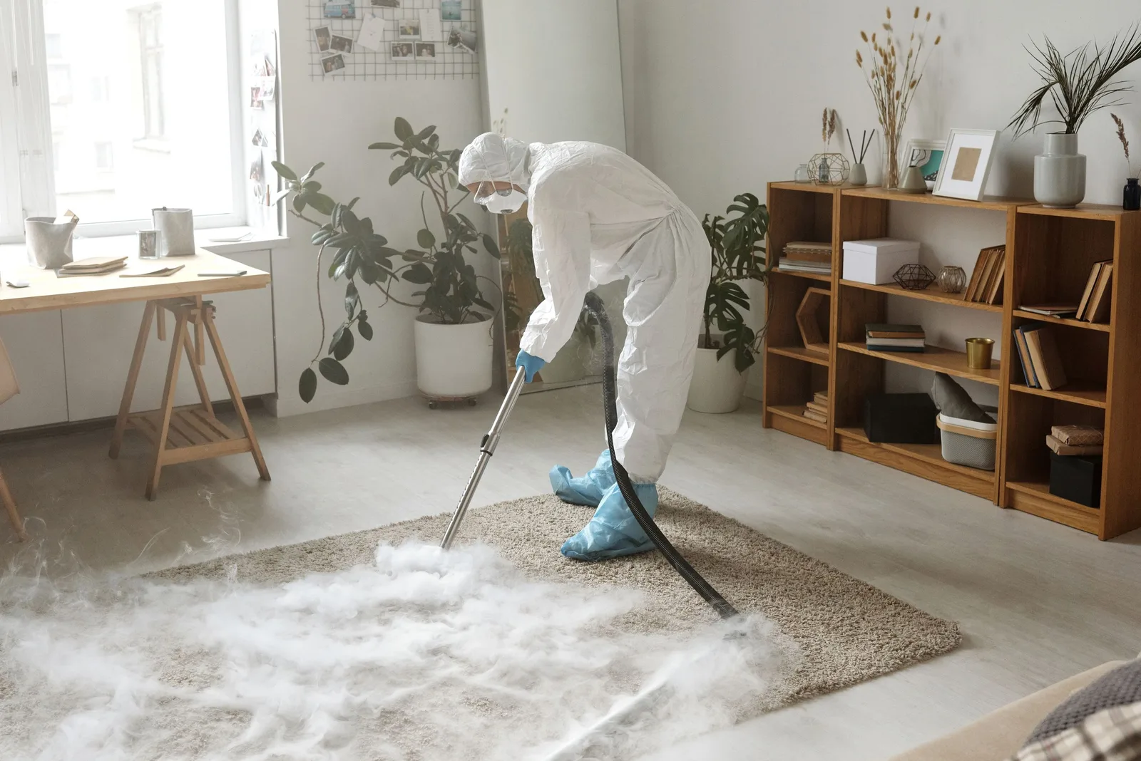 Restoration technician in white protective suit treating a living room carpet. Photo by Michelangelo Buonarroti on Pexels