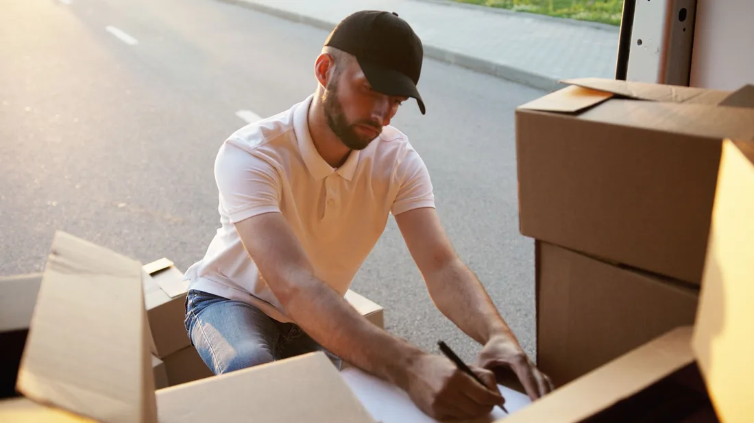 A delivery man writes on cardboard boxes while outside in natural light. Photo by Artem Podrez on Pexels