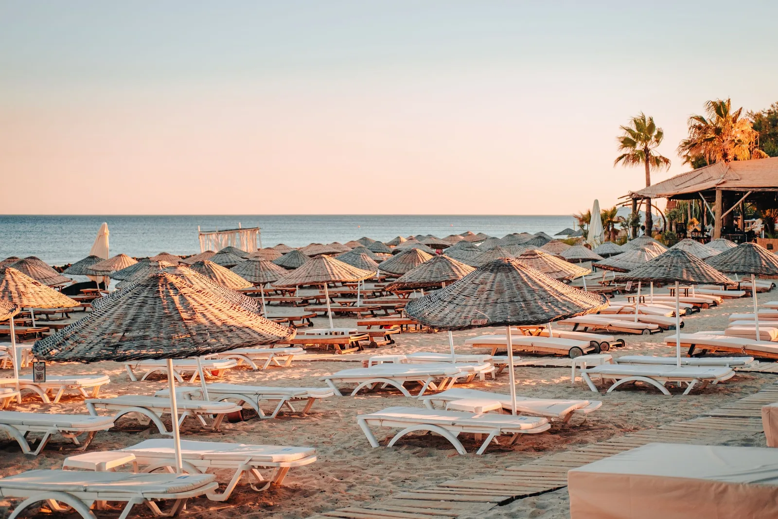 Rows of sunbeds and straw umbrellas on a beach at sunset. Photo by Ahmet Kurt on Pexels