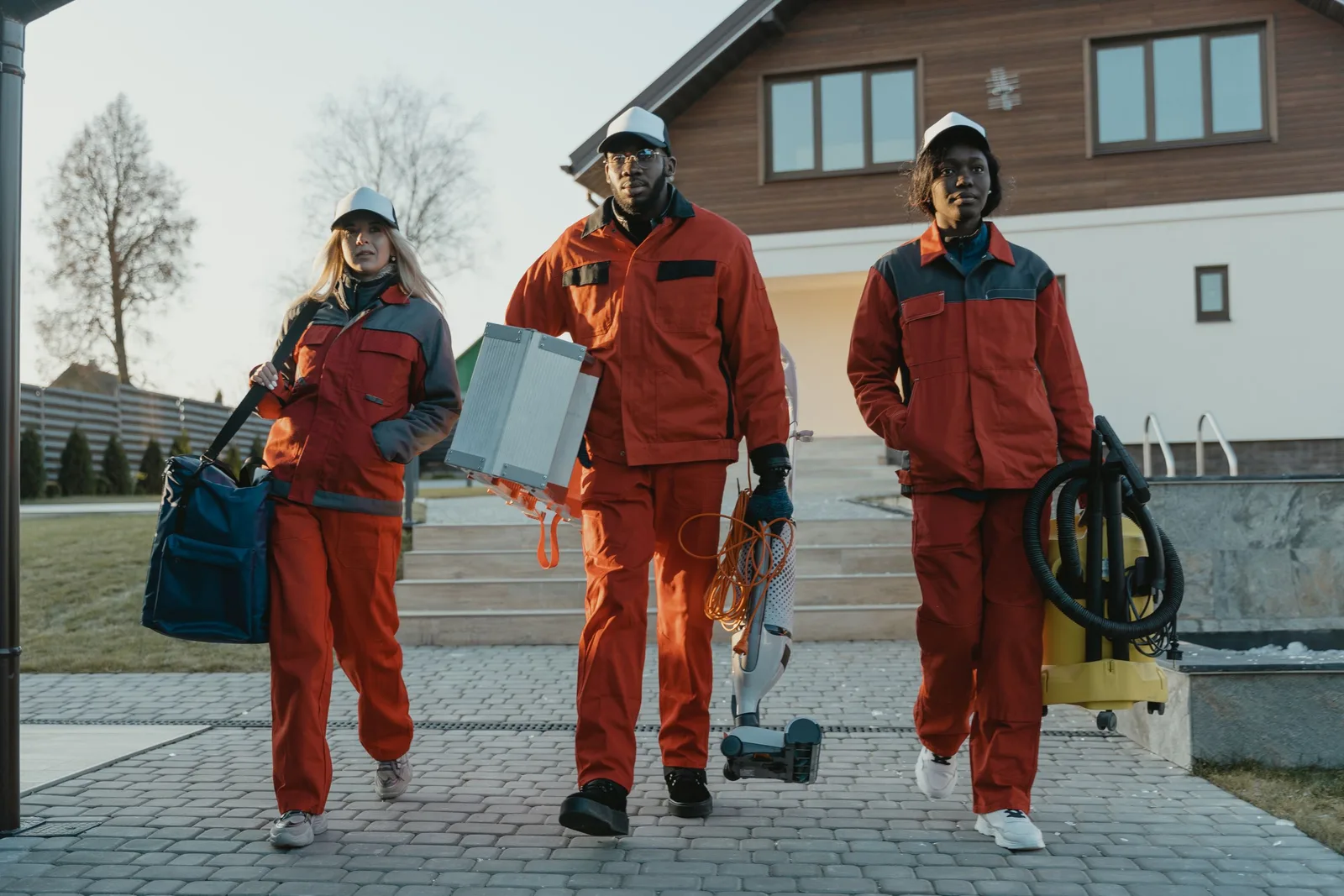 A diverse team of professional cleaners walking outdoors in uniform, holding tools. Photo by Tima Miroshnichenko on Pexels