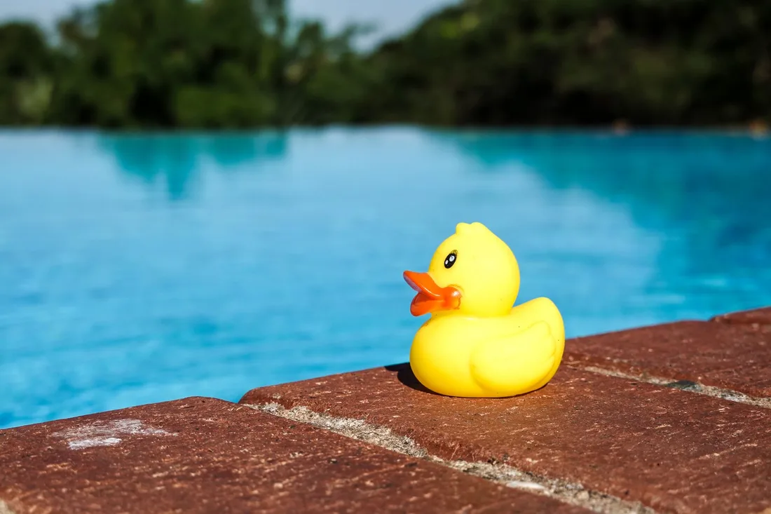 A yellow rubber duck placed on a brick surface near a blue swimming pool. Photo by Magda Ehlers on Pexels