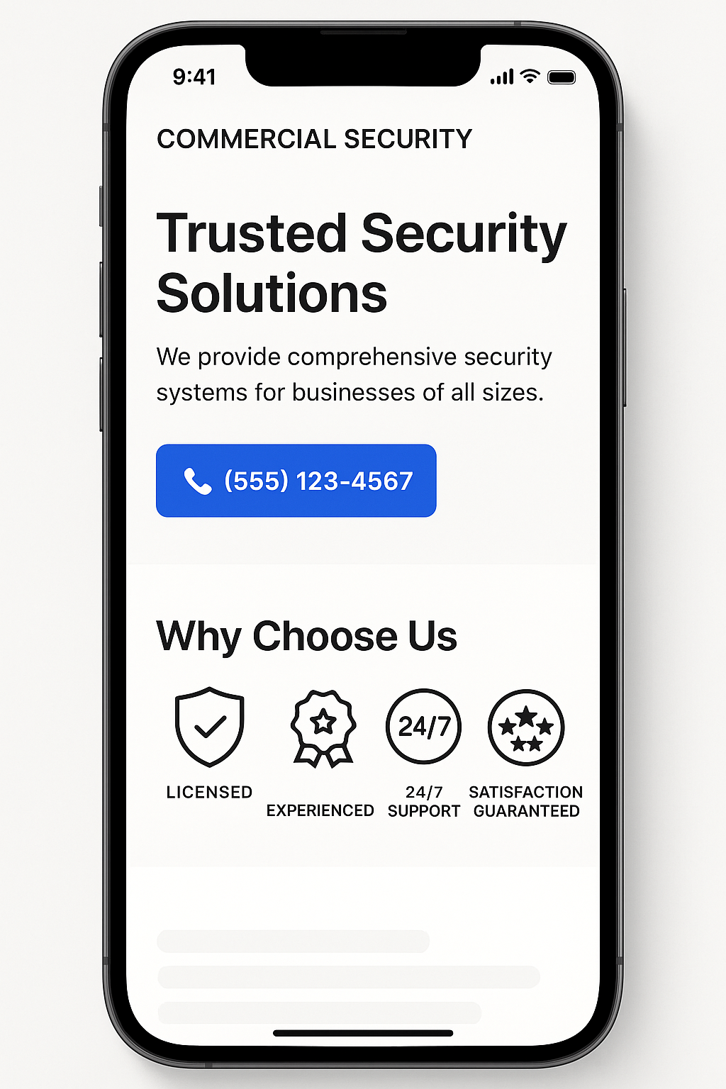 Commercial Security website mobile design mockup