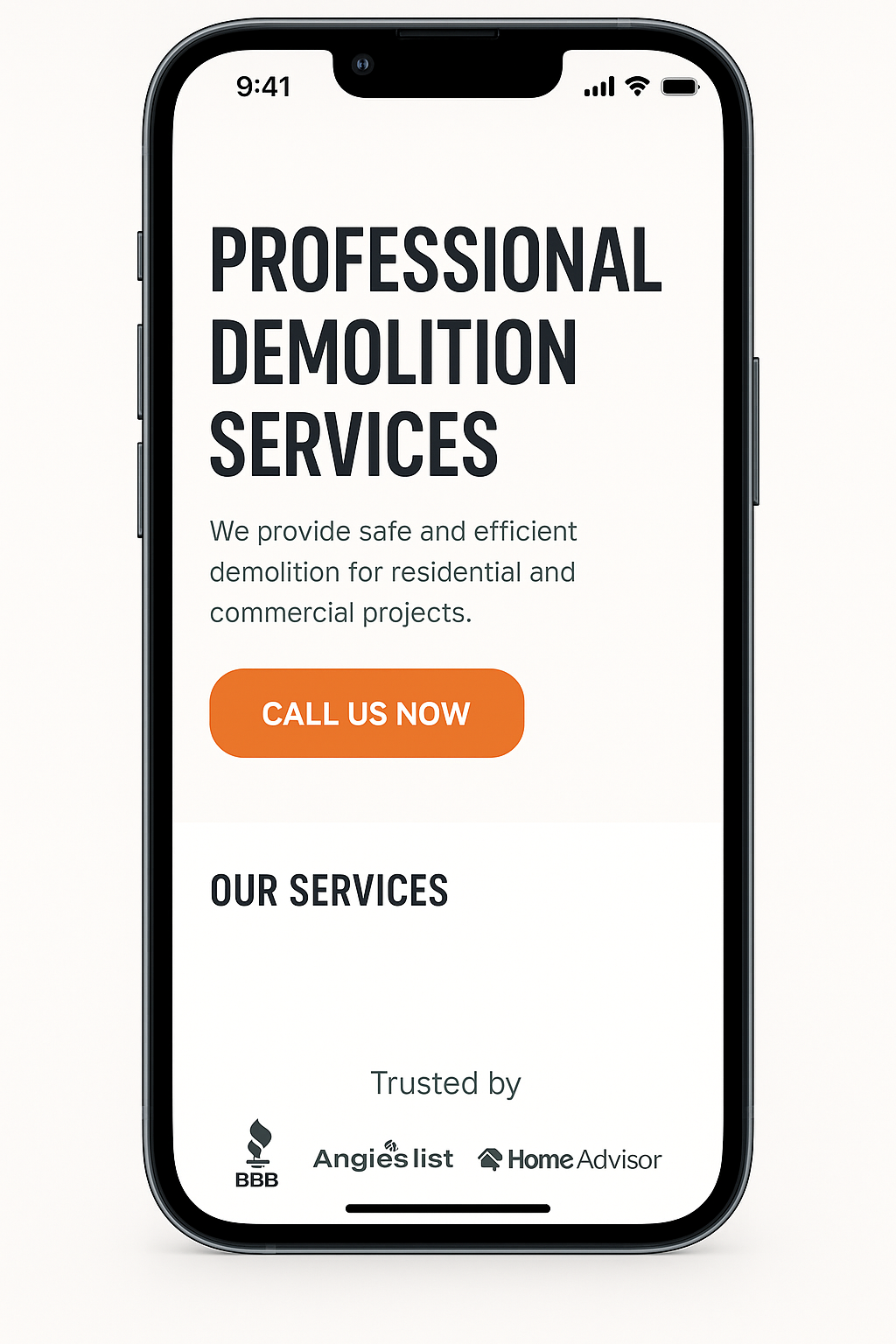 Demolition website mobile design mockup