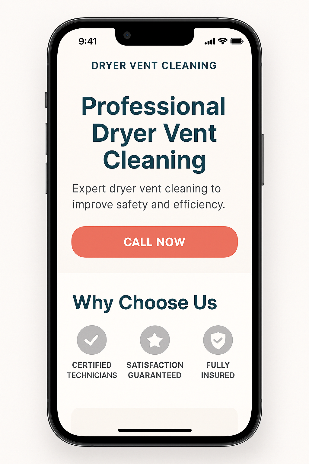 Dryer Vent Cleaning website mobile design mockup