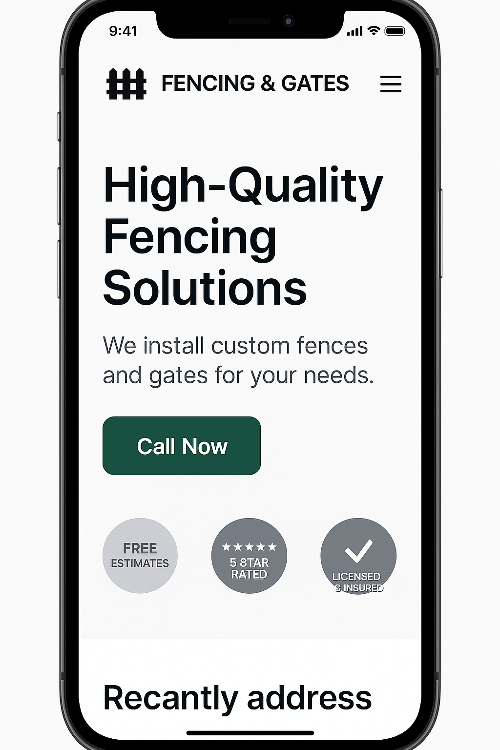 Fencing and Gates website mobile design mockup
