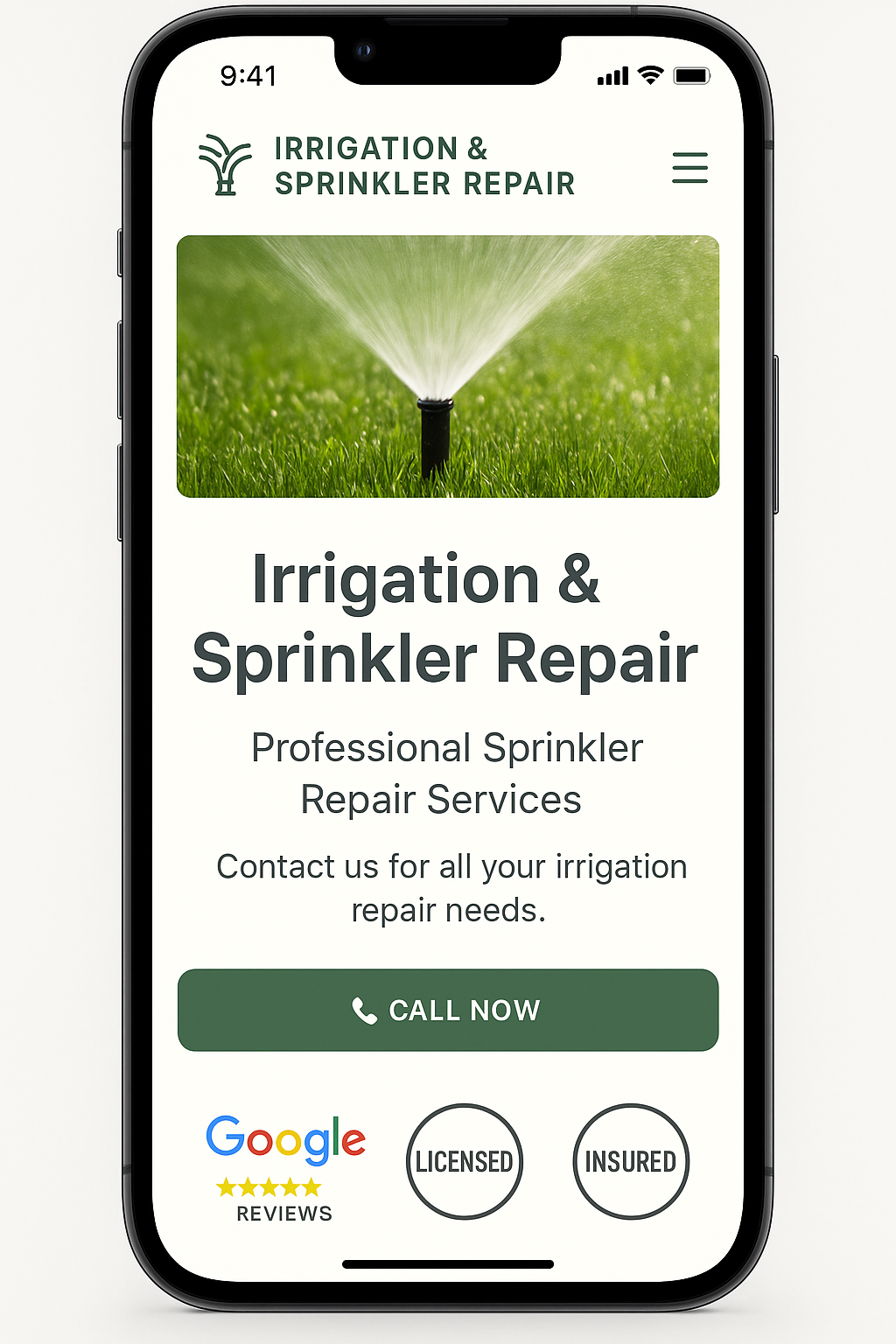 Irrigation and Sprinkler Repair website mobile design mockup