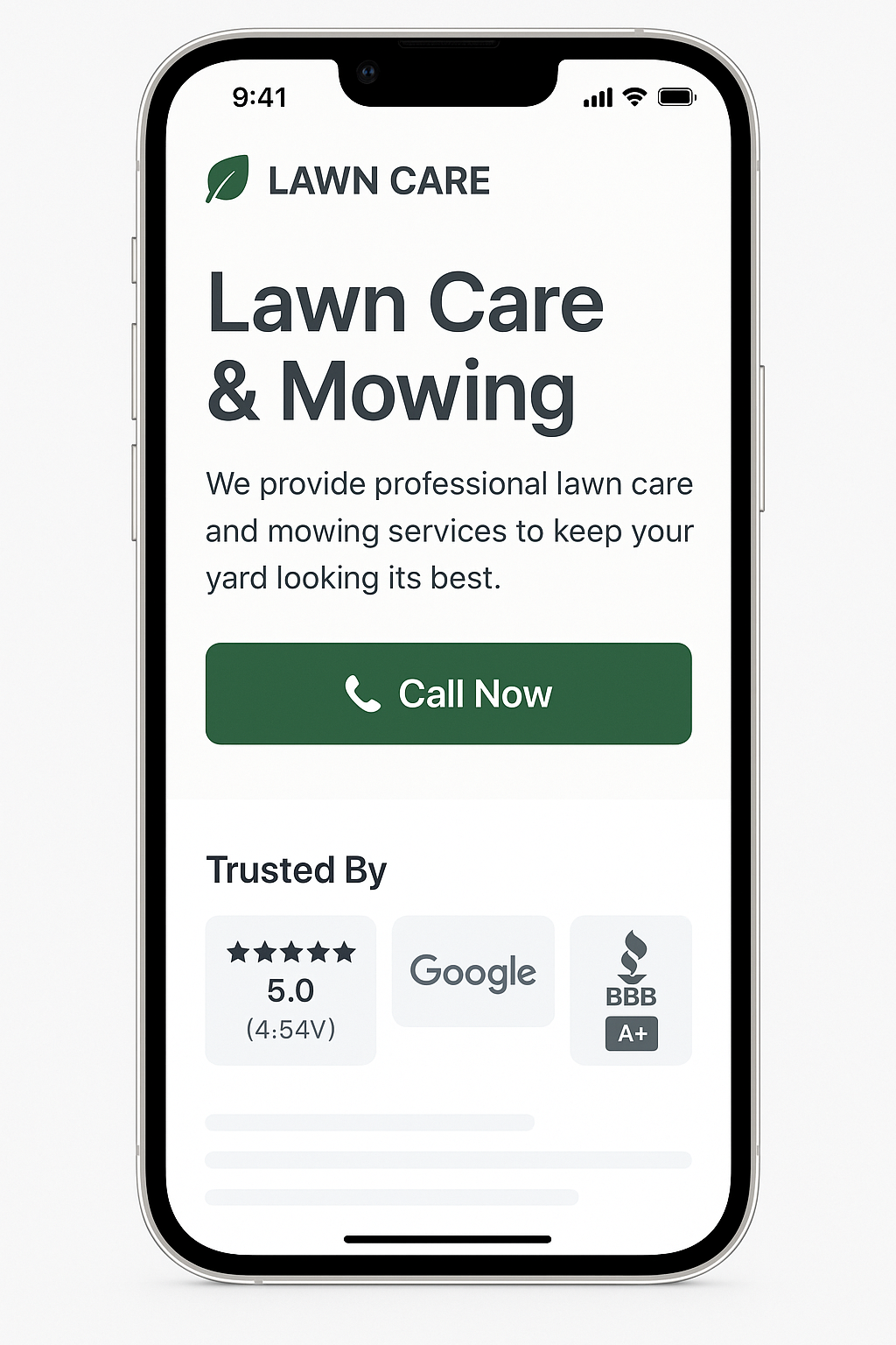 Lawn Care and Mowing website mobile design mockup
