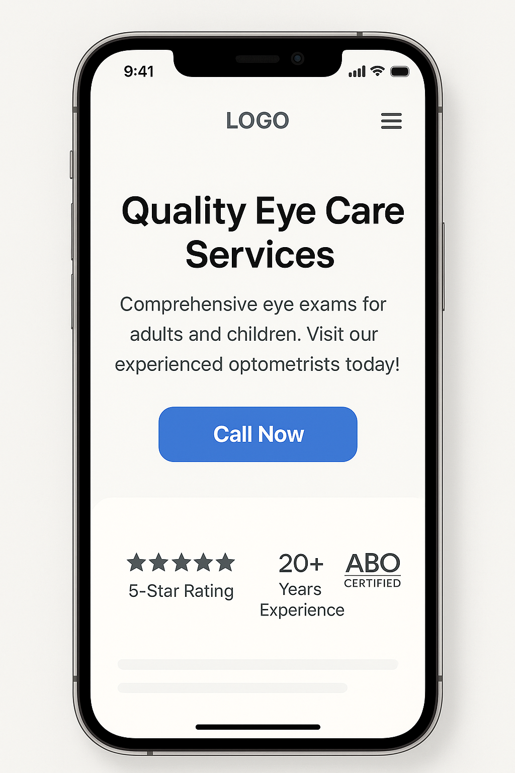 Optometry website mobile design mockup