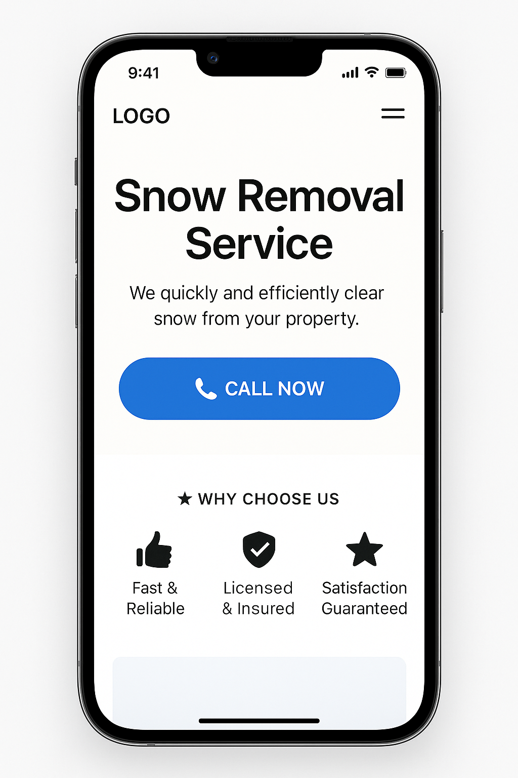 Snow Removal website mobile design mockup