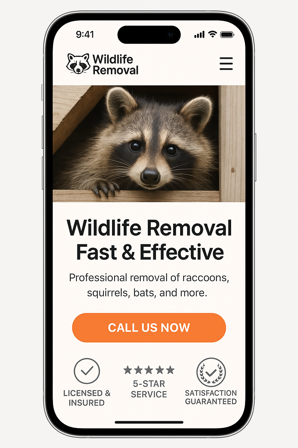 Wildlife Removal website mobile design mockup
